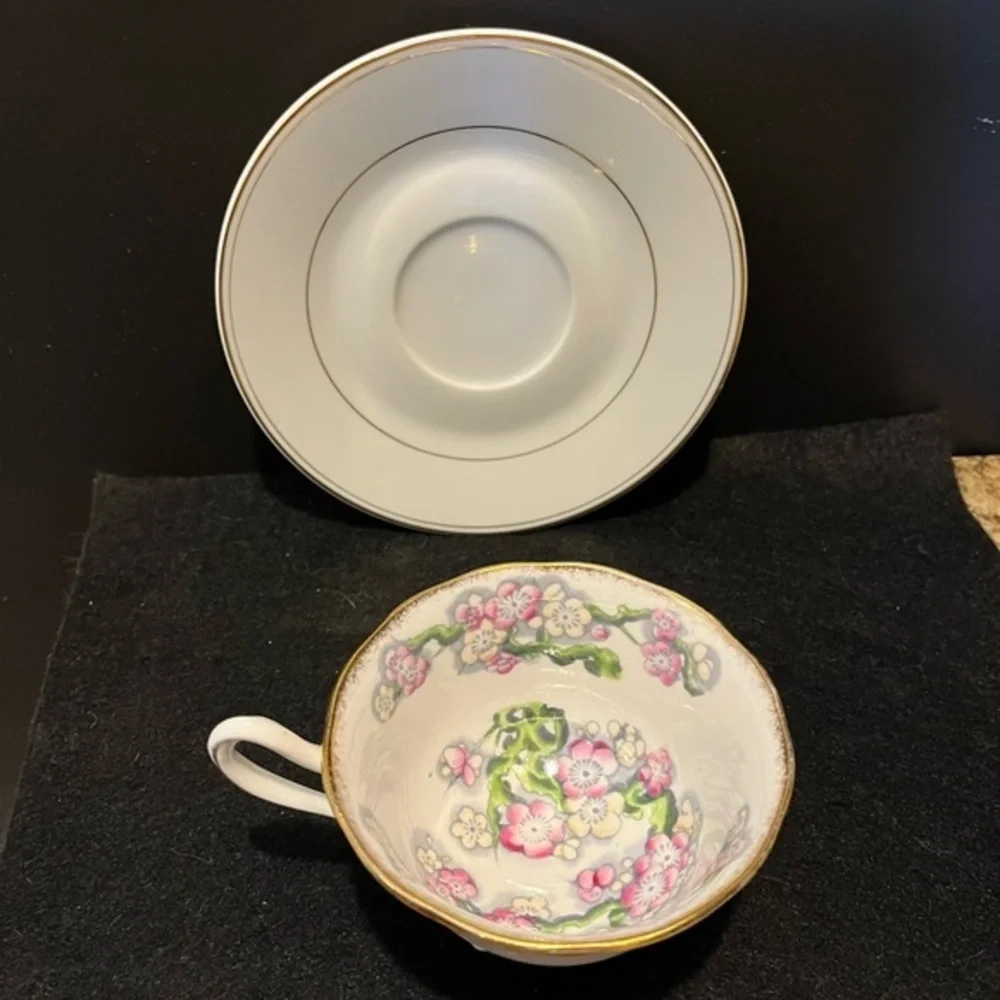 Royal Albert Pink & Yellow Floral Teacup with coordinating Royale Aurum Saucer